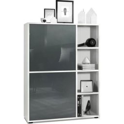 Buffet haut Armoire Cabinet Commode Cuba Blanc mat - haute brillance - Portes en Gris laqué haute