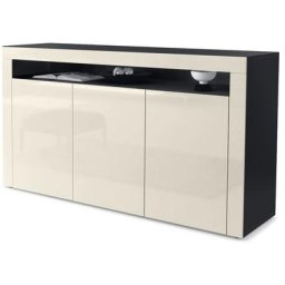 Buffet Commode Dressoir Crédence Valencia Noir, haute brillance & tons naturels - Crème haute