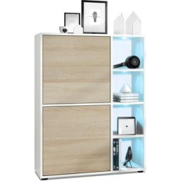 Buffet haut Armoire Cabinet Commode Cuba Blanc mat - haute brillance - Portes en Chêne brut avec