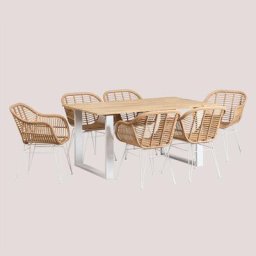 Set de Table Rectangulaire en Bois (160x90 cm) Melina et 6 Chaises en Rotin Synthétique Zole Sklum