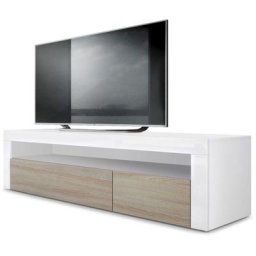 Armoire basse Meuble tv Valencia en Blanc mat - haute brillance & tons naturels - Chêne brut /