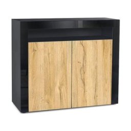 Commode Armoire Dressoir Crédence Valencia Noir, haute brillance & tons naturels - Chêne Nature/
