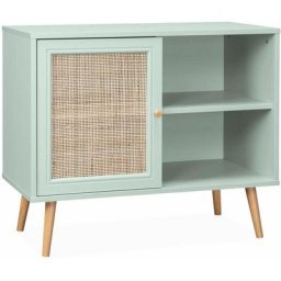 Meuble de rangement en cannage 80x39x65.8cm Bohème - Vert céladon- 2 niveaux - 1 porte - pieds