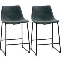 Lot de 2 tabourets de bar Vintage - piètement repose-pied acier noir - assise dossier pu tissu vert