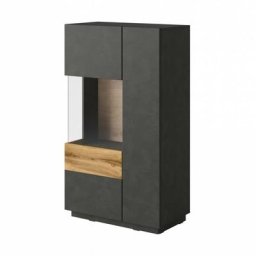 Buffet haut avec led collection kiles deux portes. Coloris gris anthracite et chêne. Porte vitrée à
