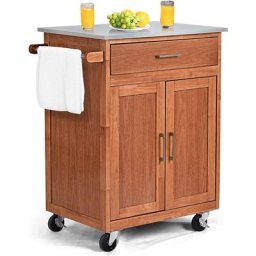 Desserte de Cuisine a roulettes en Bois, Chariot de Cuisine de Service avec Plateau en Acier