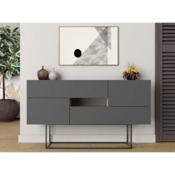 Buffet 145x82H cm Arak Gris anthracite et Chêne clair avec deux portes et deux tiroirs Chêne et