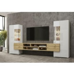 Ensemble de 3 meubles de salon collection kobee. Couleur blanc et chêne. - Blanc