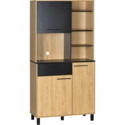 Buffet haut multi-rangement 3 portes tiroir 5 niches bicolore aspect bois clair noir - Beige