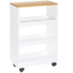 Bakaji - Chariot de cuisine 3 compartiments en bois mdf blanc et Bambu' Slim 4 roues 48x24x77