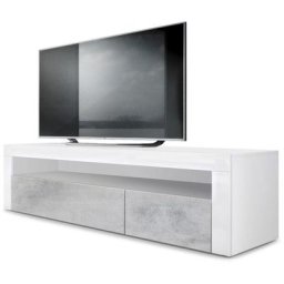 Armoire basse Meuble tv Valencia en Blanc mat - haute brillance & tons naturels - Aspect Béton