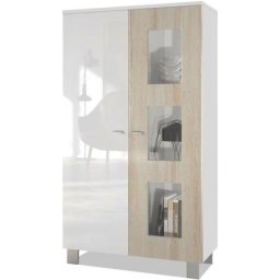 Vitrine Armoire haute Commode Denjo en Blanc mat - haute brillance - Porte en Chêne brut sans