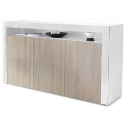 Buffet Commode Dressoir Crédence Valencia Blanc, haute brillance & tons naturels - Chêne brut /
