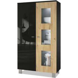 Vladon - Vitrine Armoire haute Commode Denjo en Noir mat - haute brillance - Porte en Chêne Nature