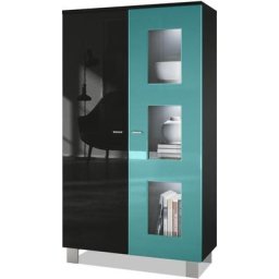 Vladon - Vitrine Armoire haute Commode Denjo en Noir mat - haute brillance - Porte en Turquoise