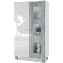 Vitrine Armoire haute Commode Denjo en Blanc mat - haute brillance - Porte en Avola-Anthracite sans