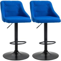 Lot de 2 tabourets de bar design néo-rétro réglable pivotant avec repose-pied métal noir tissu bleu