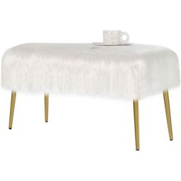 Banc en Fourrure Synthétique, Pieds en Métal Doré, Bout de Lit 91 35,5x 45,5 cm (l x l x h) Blanc