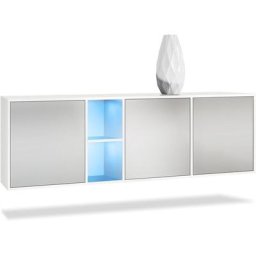 Buffet Commode Dressoir Crédence led Cuba Blanc mat - Haute brillance - Portes en Gris clair satiné