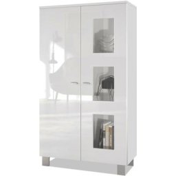 Vitrine Armoire haute Commode Denjo en Blanc mat - haute brillance - Porte en Blanc haute brillance
