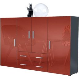 Buffet haut Commode Nora Anthracite mat en Décor Naturel - Haute brillance - Portes en Bordeaux