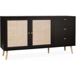 Alice's Garden - Buffet de rangement noir en cannage 2 portes 3 tiroirs L150 x l39 x H79cm - Bohème