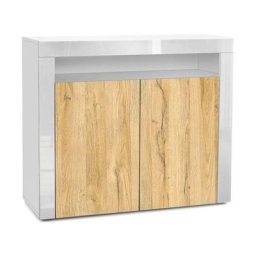 Commode Buffet Armoire Valencia en Blanc mat - haute brillance et tons naturels - Chêne Nature/