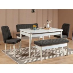 Set table extensible, 2 chaises, banc et banquette Malva Bois clair et Tissu Anthracite - Anthracite