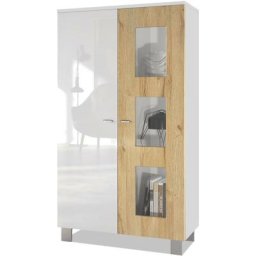 Vitrine Armoire haute Commode Denjo en Blanc mat - haute brillance - Porte en Chêne Nature sans