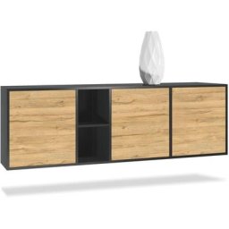 Buffet Commode Dressoir Crédence led Cuba Noir mat - Haute brillance - Portes en Chêne Nature sans