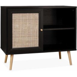 Meuble de rangement en cannage 80x39x65.8cm Bohème - Noir - 2 niveaux - 1 porte - pieds scandinaves