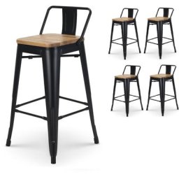 Kosmi - Lot de 4 tabourets de bar en métal noir mat style industriel avec dossier et assise en bois