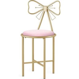 Chaise Coiffeuse Chambre Velours, Tabouret Coiffeuse Rose et Doré en Fer et Velours 40x40x85cm