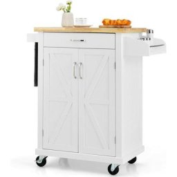 Desserte de Cuisine Desserte à roulettes Chariot de Cuisine en Bois avec Placard 2 Étagères