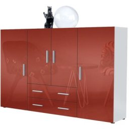 Buffet haut Commode Nora blanc mat en Décor Naturel - Haute brillance - Façades en Bordeaux haute