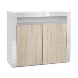 Commode Buffet Armoire Valencia en Blanc mat - haute brillance et tons naturels - Chêne brut /