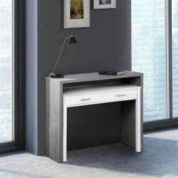 Altri - Bureau console extensible avec deux tiroirs, couleur béton et blanc opaque, Mesures 98 x 87