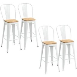 Lot de 4 tabourets de bar industriel avec dossier repose-pied hauteur assise 76 cm acier blanc bois