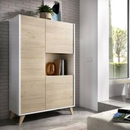 Buffet de salon 135 cm Abby Blanc mat et naturel avec trois portes Blanc et Naturel