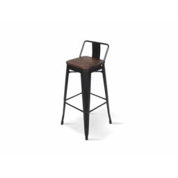 Tabouret de bar en métal noir mat et assise en bois foncé avec dossier, chaise de bar Tabouret