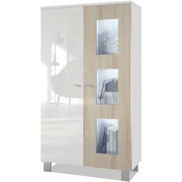 Vitrine Armoire haute Commode Denjo en Blanc mat - haute brillance - Porte en Chêne brut avec