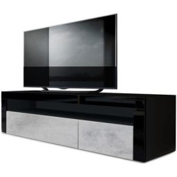Armoire basse Meuble tv Valencia en Noir mat - haute brillance & tons naturels - Aspect Béton