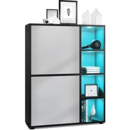 Buffet haut Armoire Cabinet Commode Cuba Noir mat - haute brillance - Portes en Gris clair satiné