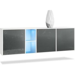 Buffet Commode Dressoir Crédence led Cuba Blanc mat - Haute brillance - Portes en Gris laqué haute