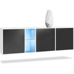 Buffet Commode Dressoir Crédence led Cuba Blanc mat - Haute brillance - Portes en Noir mat avec