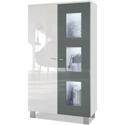 Vitrine Armoire haute Commode Denjo en Blanc mat - haute brillance - Porte en Gris haute brillance