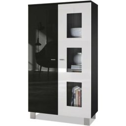 Vladon - Vitrine Armoire haute Commode Denjo en Noir mat - haute brillance - Porte en Blanc haute