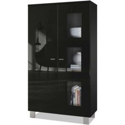 Vladon - Vitrine Armoire haute Commode Denjo en Noir mat - haute brillance - Porte en Noir haute