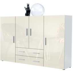 Vladon - Buffet haut Commode Nora blanc mat en Décor Naturel - Haute brillance - Façades en Crème