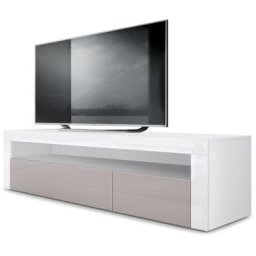 Armoire basse Meuble tv Valencia en Blanc mat - haute brillance & tons naturels - Gris sable haute